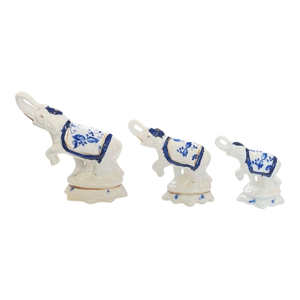 Vintage‎ Lot of 3 Blue Gold White Elephant Decor ~ Small Med Large